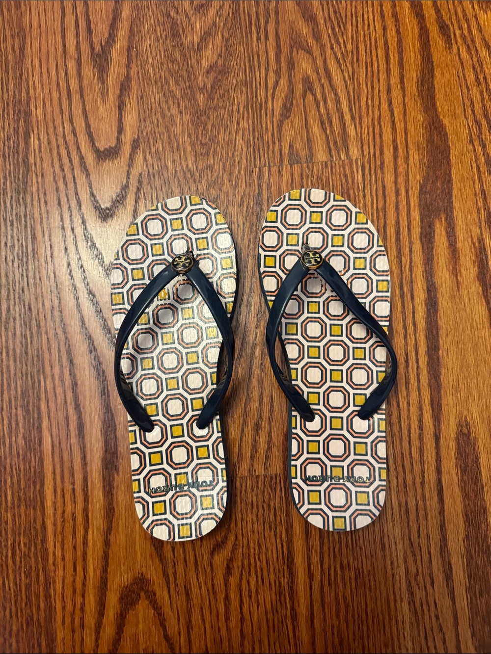 Tory Burch Black-Strap Flip Flops with Geometric Multicolor Print